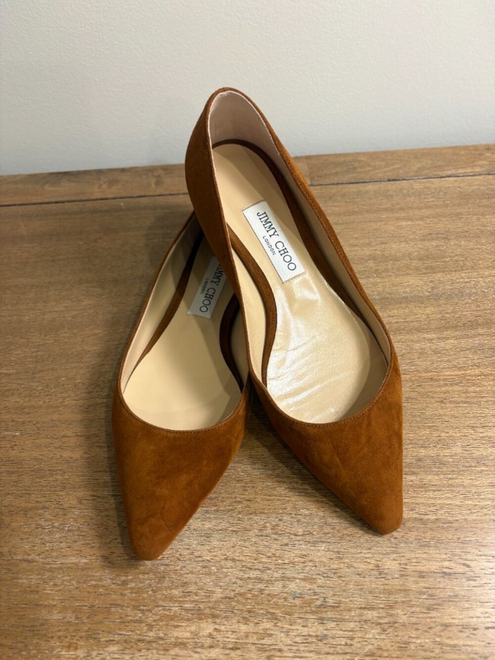Jimmy Choo Romy Flat Tan Suede Pointed Toe Flats Size 39 w/ Box & Dust Bag